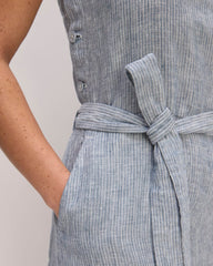 The Linen Side-Button Jumpsuit | White / Blue
