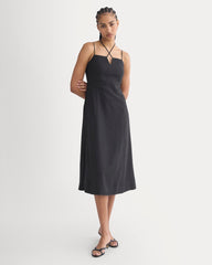 Tie-Neck Dress in Stretch Linen | Black