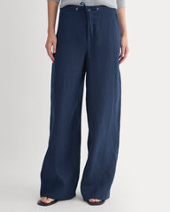Wide-Leg Drawstring Pant in Linen | Navy