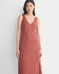 Deep V Seamed Dress in Stretch Linen | Henna Red