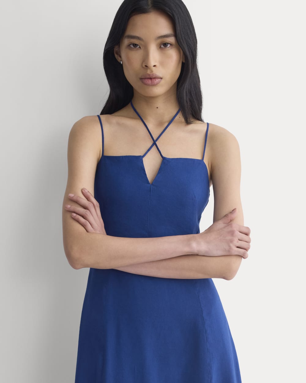 Tie-Neck Dress in Stretch Linen | Estate Blue
