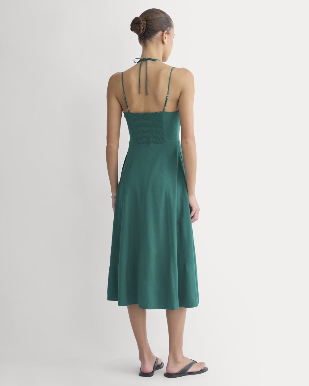 Tie-Neck Dress in Stretch Linen | Evergreen