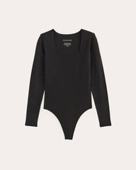 The Long-Sleeve Supima庐 Square-Neck Bodysuit | Black | Thong