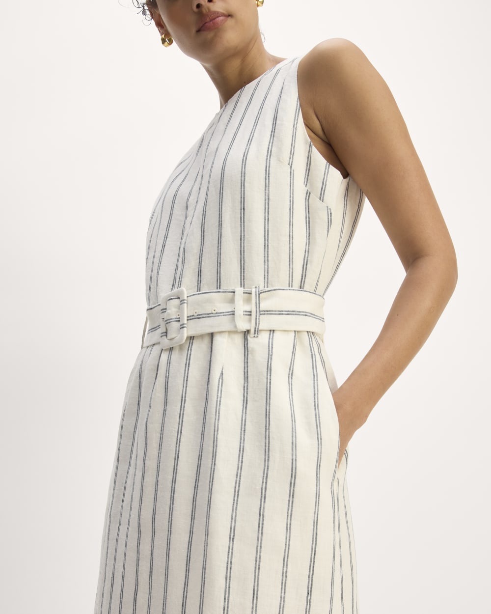The Linen Belted Midi Dress | Bone/Navy