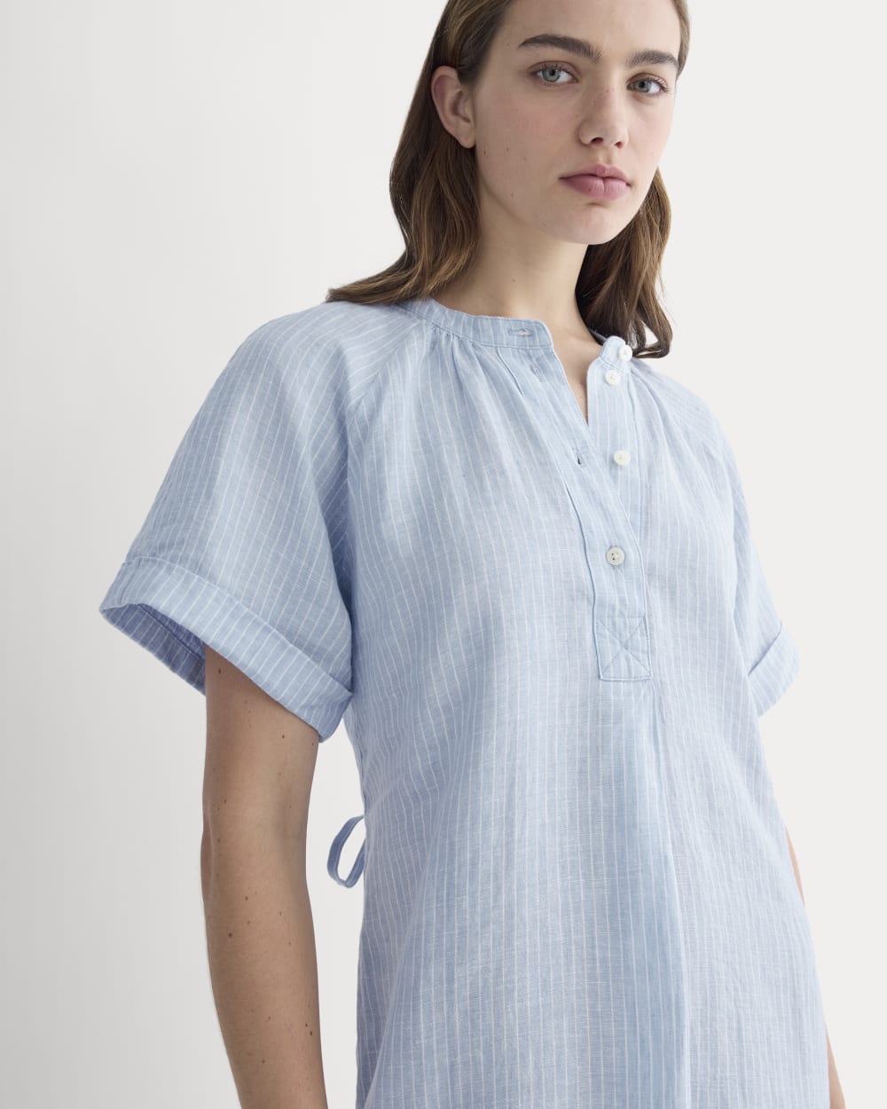 The Popover Dress in Linen | Sky Blue / White