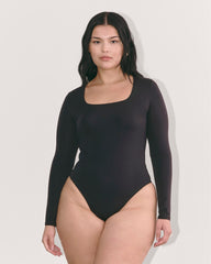The Long-Sleeve Supima庐 Square-Neck Bodysuit | Black | Thong