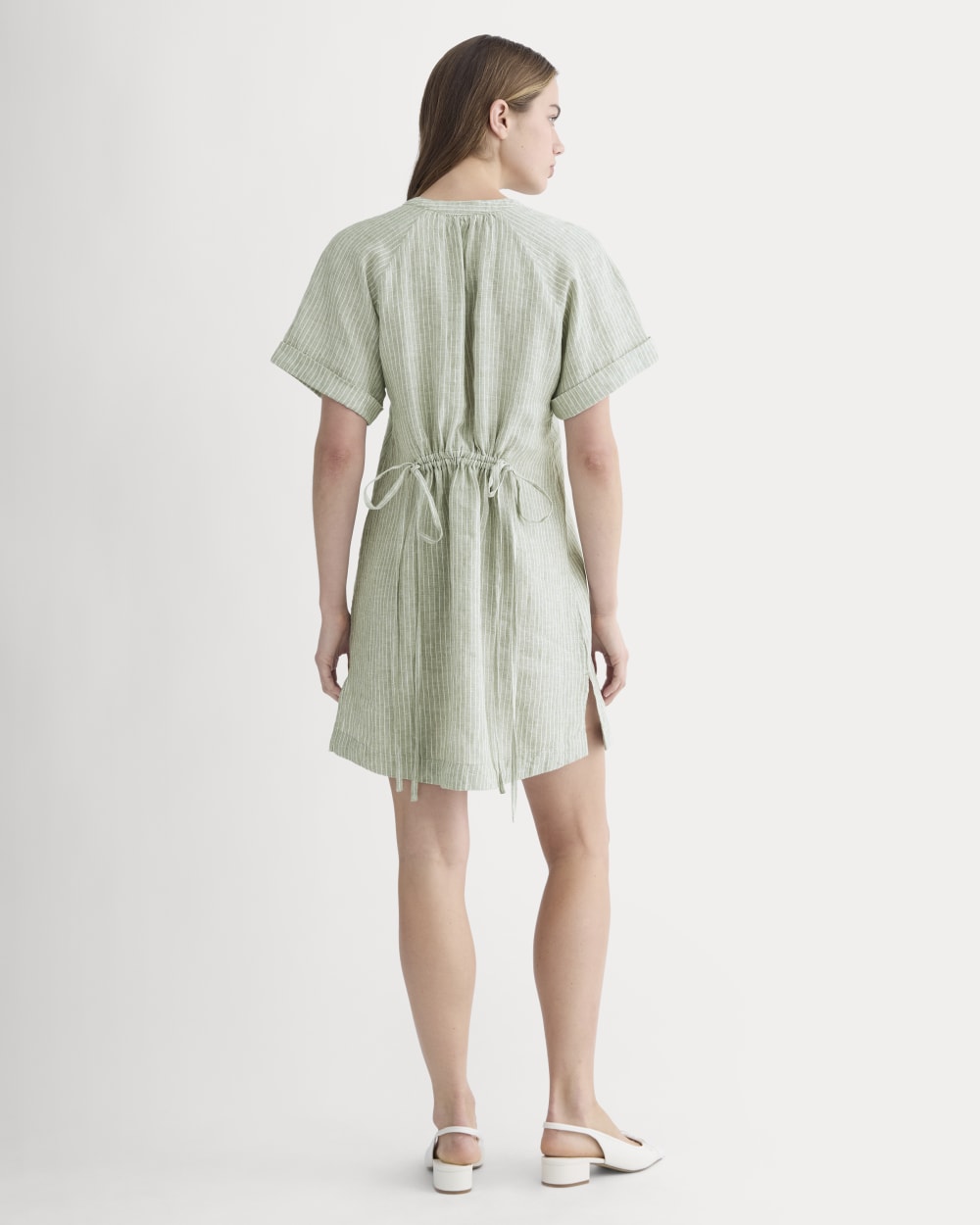 The Popover Dress in Linen | Oil Green / White