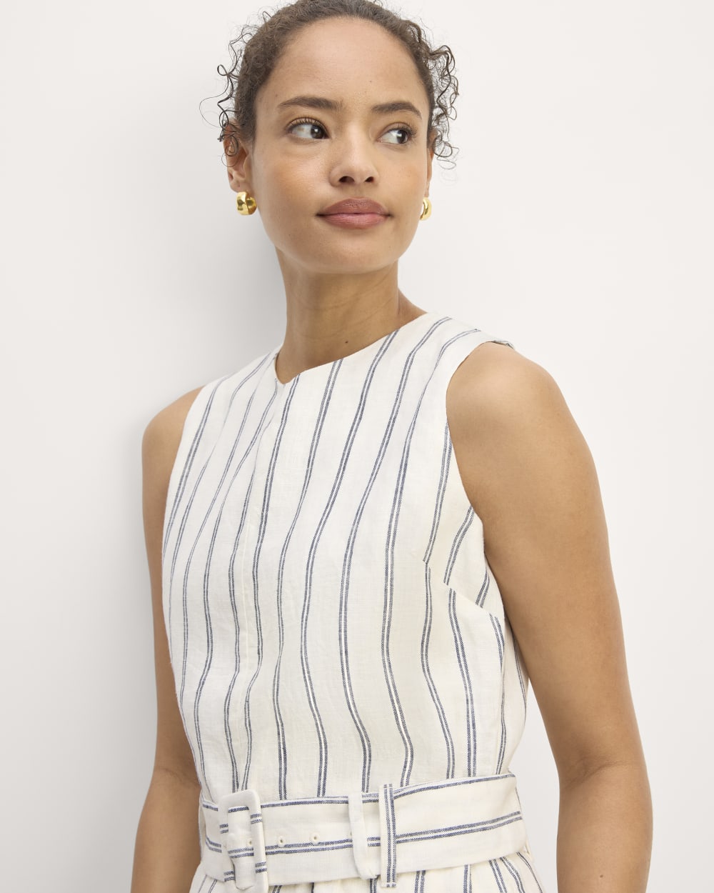 The Linen Belted Midi Dress | Bone/Navy