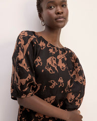 The Linen Short-Sleeve Scoop Midi Dress | Carob Brown Abstract