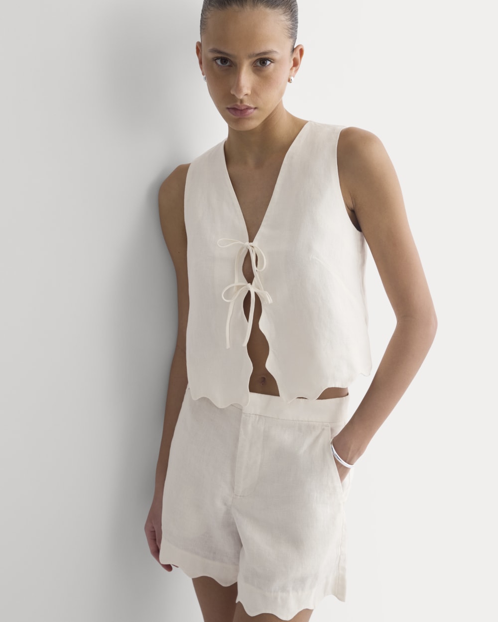 Tie-Front Scallop Tank in Linen | Bone
