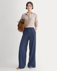 Wide-Leg Belted Pant in Stretch Linen | Navy | Regular
