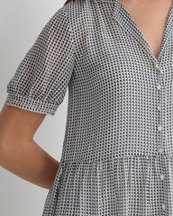 Notch Collar Shirtdress in Silk Georgette | Gardenia/Black Micro Dot