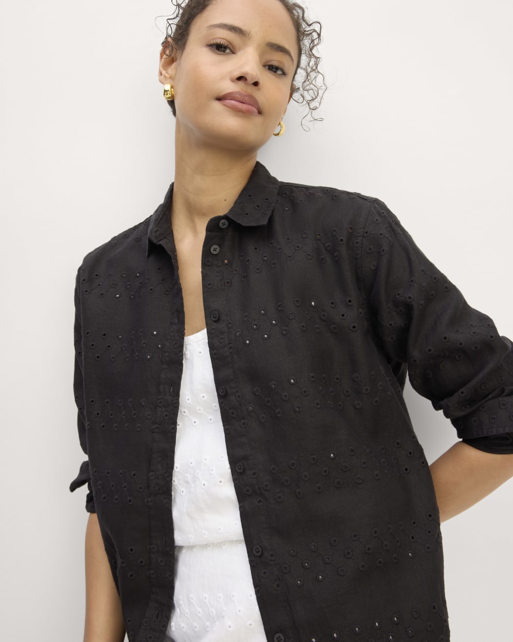 The Linen Eyelet Relaxed Shirt | Black Eyelet