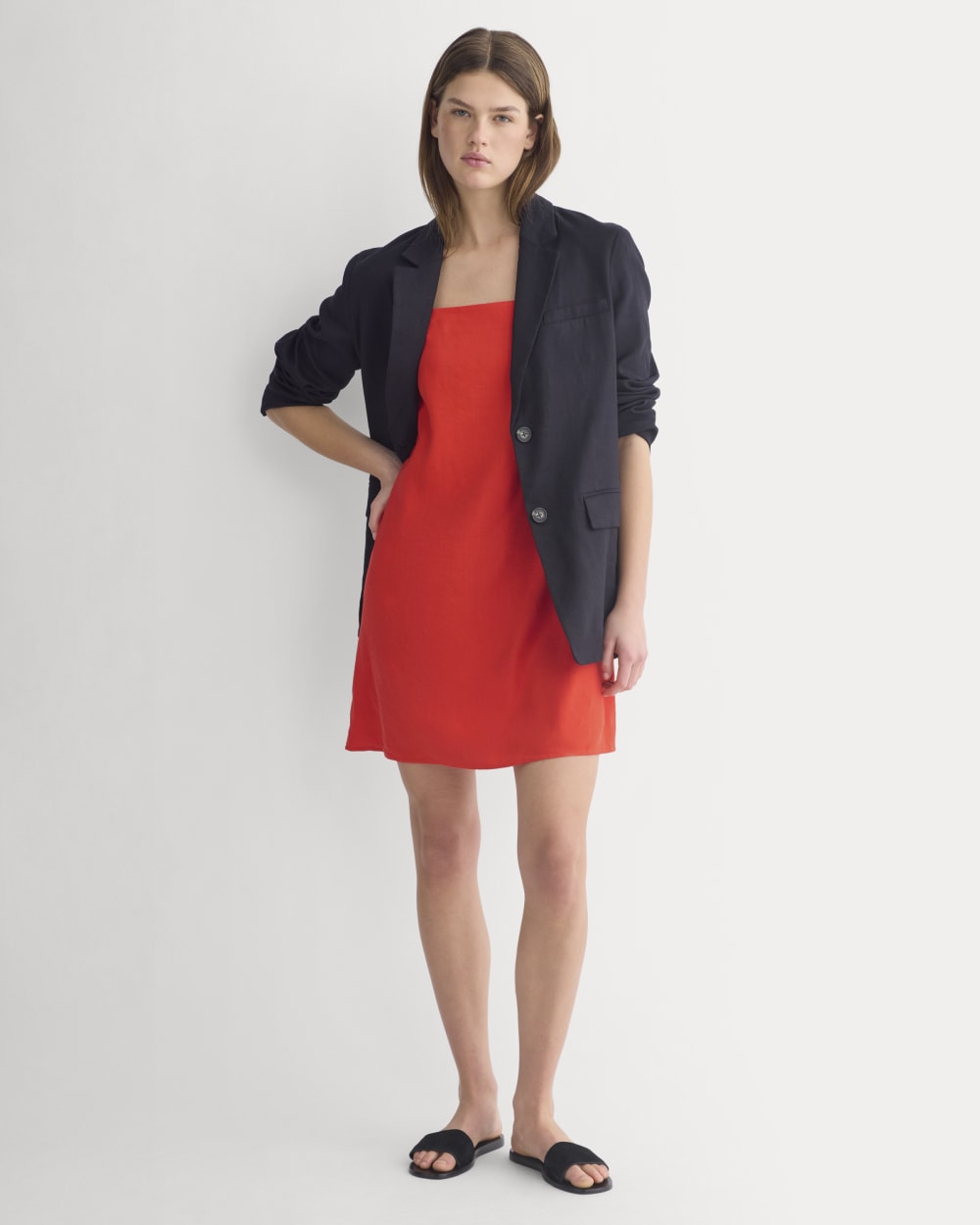 Mini Shift Dress in Stretch Linen | Fiery Red